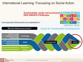 @NewsNeus @TransformSoc @RayGallon
Presentation © 2017 The Transformation Society
International Learning: Focussing on Social Action
Sustainability, equity and social justice
2030 UNESCO Challenges
(Pag 2. https://www.oecd.org/pisa/aboutpisa/Global-competency-for-an-inclusive-world.pdf)
UNESCO 2030:
Goals for Sustainable Development
 