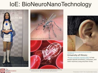 @NewsNeus @TransformSoc @RayGallon
Presentation © 2017 The Transformation Society
IoE: BioNeuroNanoTechnology
https://s-media-cache-ak0.pinimg.com/564x/a0/26/57/a026573d58153a58cef2464ced524148.jpg
http://spectrum.ieee.org/img/6e50b56a-e63a-44ae-9331-f5e81f9eb8be-
1426530858261.jpg
University of Illinois:
A brain-computer interface (BCI) to help
people operate prosthetics, computers, and
other machines using only their minds.
https://userscontent2.emaze.com/images/9aa562ae-5ef3-42ba-bce5-
b947f7fc0413/395fe1c29b7d00803ca8c8e7cd62bef4.png
https://futurism.com/china-just-showed-us-the-most-human-like-robots-yet/
Jia Jia
 
