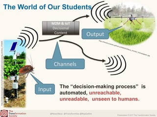 @NewsNeus @TransformSoc @RayGallon
Presentation © 2017 The Transformation Society
http://media.tractorsupply.com/is/image/TractorSupplyCompany/going_wireless_1?$360$
Channels
M2M & IoT
Decisional
Content
The “decision-making process” is
automated, unreachable,
unreadable, unseen to humans.
The World of Our Students
Output
Input
 