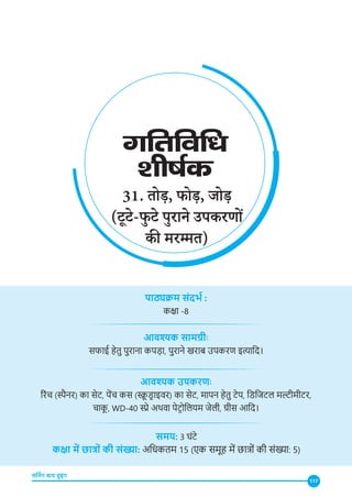 117
लर्निंग बाय डूइंग
31. तोड़, फोड़, जोड़
(टूटे-फुटे पुराने उपकरणों
की मरम्मत)
पाठ्यक्रम संदर्भ :
कक्षा -8
आवश्यक सामग्रीः
सफाई हेतु पुराना कपड़ा, पुराने खराब उपकरण इत्यादि।
आवश्यक उपकरणः
रिंच (स्पैनर) का सेट, पेंच� कस (स्क
्रू ड
्राइवर) का सेट, मापन हेतु टेप, डिजिटल मल्टीमीटर,
चाक
ू , WD-40 स्प्रे अथवा पेट्रोलियम जेली, ग्रीस आदि।
समय: 3 घंटे
कक्षा में छात्रों की संख्या: अधिकतम 15 (एक समूह में छात्रों की संख्या: 5)
 