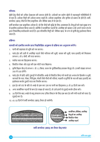 150
लर्निंग बाय डूइंग
परिचय:
खेती हेतु पौधों को उचित देखभाल की जरुरत होती है। उर्वरकों का प्रयोग खेती में महत्त्वपूर्ण गतिविधियों में
से एक है। उर्वरक मिट्टी की उर्वरता बनाए रखते हैं। उर्वरक प्राक
ृ तिक और क
ृ त्रिम दो प्रकार क
े होते हैं। वर्मी-
कम्पोस्ट (खाद) पौधों क
े लिए प्राक
ृ तिक और जैविक खाद में से एक है।
वर्मी कम्पोस्ट एक प्राक
ृ तिक उर्वरक है, जो कि पौधों की वृद्धि क
े लिए आवश्यक है। क
ें च�ुओं को यहां मुख्य रूप
से इसलिए इस्तेमाल किया जाता है, क्योंक�ि वे कार्बनिक पदार्थों क
े अपशिष्ट को खाकर उन्हें अपने पाचन तंत्र क
े
द्वारा निष्काषित/मलोत्सर्जन करते है। इस परिवर्तित मिट्टी को ‘जैविक खाद’ क
े रूप से क
ृ षि हेतु इस्तेमाल किया
जाता हैं।
प्रक्रियाः
सामग्री को एकत्रित करक
े छात्र निम्नलिखित अनुक्रम से प्रक्रिया का अनुसरण करेंग�े।
1. पानी की सहायता से भूमि को नम करना।
2. प्लांट/ढेर की तली में अपशिष्ट पदार्थ जैसे नारियल की भूसी, चावल की भूसी, घास इत्यादि को मिलाकर
लगभग 3 से 5 सेमी. की परत बनाना।
3. पर्याप्त जल का छिड़काव करना।
4. विघटित गोबर और मृदा की एक मोटी परत बिछाना।
5. क
ृ षि विज्ञान क
ें द्र से लगभग 1 से 1.5 किग्रा. वजन क
े पूर्णविकसित/वयस्क क
ें च�ुए लें। उनकी संख्या लगभग
300 से 500 होगी।
6. प्लांट/ढेर में छोटे-छोटे टुकड़ों में परिवर्तित अच्छे से विघटित किए गये फलों एवं अनाज क
े छिलक
े व भूसी,
जानवरों क
े मल, गोबर, गिरिपुष्प, शेवरी जैसे पौधों की पत्तियां, मछली व मुर्गीयों क
े मल की खाद इत्यादि का
इस्तेमाल करक
े दू सरी परत का निर्माण करना।
7. इस ढेर को टाट क
े बोरे से अच्छे से ढक कर उस पर पानी का छिड़काव 25 से 30 दिनों तक करें।
8. अगर कार्बनिक पदार्थों से बना ढेर सख्त हो जाता है, तो उसे हाथों से गुड़ाई करक
े ढीला करें।
9. 30 दिनों क
े बाद अच्छे से वायु संचारण तथा उचित विघटन क
े लिए एक बार ढेर की गयी परतों को पलट दें/
गुड़ाई कर दें।
10. 45-50 दिनों में वर्मी-कम्पोस्ट (खाद) तैयार हो जायेगी।
वर्मी-कम्पोस्ट (खाद) का तैयार बेड/प्लांट
कार्बनिक (जैविक) अपशिष्ट
क
ें च�ुओं का अपशिष्ट
विघटित गोबर
अपशिष्ट पदार्थ
 