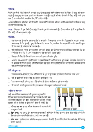 35
लर्निंग बाय डूइंग
परिचय :
पेंट�िंग एक ऐसी विधि है जिस में लकड़ी, धातु, दीवार इत्यादि को पेंट� किया जाता है। पेंट�िंग से सतह की चमक
बढ़ती है व प्रयुक्त/आवश्यक सामग्री का जीवन बढ़ जाता है। धातुओं को जंग से बचाने क
े लिए, कीड़े-मकोड़े से
लकड़ी तथा दीवारों को बचाने क
े लिए पेंट�िंग की जाती है।
आज हम विद्यालय की दीवार को पेंट� करेंग�े, जिससे पेंट�िंग की विधि को जान पायेंग�े। हम किसी फर्नीचर या वस्तु
को भी पेंट� कर सकते हैं।
स्थल : विद्यालय में एक ऐसी दीवार चुने, जिस को पुनः पेंट� कर सकते है। दीवार अधिक ऊ
ं ची ना हो जिस क
े
लिए सीढ़ी की आवश्यकता पड़े।
प्रक्रिया :
1. पेंट� का चयन, दीवार क
े प्रकार पर निर्भर करता है। टिकाऊपन, चमक और दिखावट क
े अनुसार अलग-
अलग तरह क
े पेंट� होते हैं। चूना, डिस्टेम्पर पेंट�, आयल पेंट�, एक्रलिक पेंट� व एक्सटिरियर पेंट� इत्यादि क
ु छ
पेंट� क
े प्रकार हैं जो बाजार में उपलब्ध हैं।
2. पेंट� की मात्रा की गणना करने क
े लिए चयन की दीवार का ‘क्षेत्रफल’ निकाल लीजिए। सामान्यता पेंट� क
े
निर्माता 1 लीटर पेंट� में 6 वर्ग मीटर क्षेत्र पर पेंट� लगाने की सलाह देते हैं।
3. विद्यालय क
े लिए डिस्टेम्पर पेंट� का चयन करे तथा उचित रंग चुने।
4. आमतौर पर आयल पेंट�, एक्रलिक पेंट� व एक्सटिरियर पेंट� आदि लगाने से पूर्व प्राइमर का प्रयोग किया जाता
है। प्राइमर से पेंट� की पकड़ और टिकाऊपन बढ़ जाता है परंतु डिस्टेम्पर पेंट� करने से पूर्व प्राइमर लगाने
की आवश्यकता नहीं होती है।
पेंट�िंग हेतु चरणः
1. रेगमाल कागज (सैंड� पेपर) तथा पॉलिश पेपर से धूल व पुराना रंग हटाये तथा दीवार को साफ धो लें।
2. पुट्टी क
े इस्तेमाल से छोटे छिद्र तथा खरोंच� इत्यादि को भरें।
3. रेगमाल कागज (सैंड� पेपर) तथा पॉलिश पेपर से दीवार को चिकना एवं साफ करें।
4. पेंट� लगायें। अच्छी गुणवत्ता क
े लिए आवश्यकता क
े अनुसार अधिक कोट लगायें।
पेंट�िंग ब्रश क
े प्रकार
सही ब्रश का चयन :
सही साधनों क
े चयन से कार्य की गुणवत्ता बढ़ जाती है।
विभिन्न प्रकार क
े नापों क
े ब्रश बाजार में उपलब्ध हैं। सही ब्रश
का चयन करें। चित्र को देखें। विभिन्न प्रकार क
े ब्रश चित्र में
दिखाए गये हैं, जो जिस क
े द्वारा हमारे कार्य हो सकते हैं।
1. दीवार का ब्रश : यह अधिक क्षेत्रफल में रंग लगाने में
उपयुक्त होता है।
2. ट्रि म ब्रश : यह एक 2 इंच का पतला ब्रश लकड़ी की पेंट�िंग क
े लिए उपयुक्त होता है। इसे खिड़कियों क
े
किनारे एवं दरवाजो क
े किनारे पर प्रयोग कर सकते हैं।
3. सेश ब्रश : इसक
े ब्रशल्स कोणीय (Angled) आकार क
े होते हैं। यह खिड़कियों क
े चारों ओर पेंट�िंग हेतु
प्रयोग होता है।
 