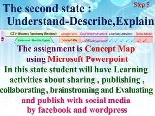 Step 5
The second state :
 Understand-Describe,Explain

     The assignment is Concept Map
        using Microsoft Powerpoint
 In this state student will have Learning
   activities about sharing , publishing ,
collaborating , brainstroming and Evaluating
      and publish with social media
        by facebook and wordpress
 