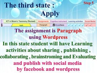 Step 5
 The third state :
             Apply

       The assignment is Paragraph
              using Wordpress
 In this state student will have Learning
   activities about sharing , publishing ,
collaborating , brainstroming and Evaluating
      and publish with social media
        by facebook and wordpress
 