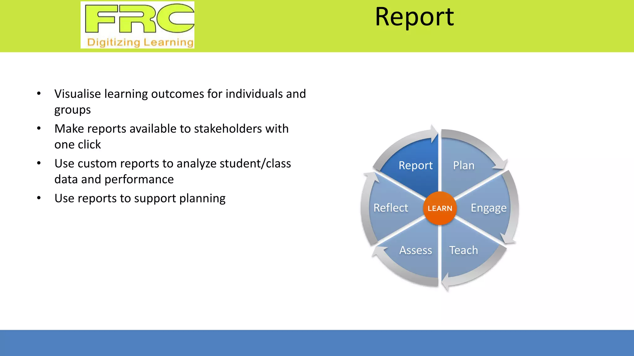 Report
• Visualise learning outcomes for individuals and
groups
• Make reports available to stakeholders with
one click
• Use custom reports to analyze student/class
data and performance
• Use reports to support planning
Plan
Engage
TeachAssess
Reflect
Report
LEARN
 