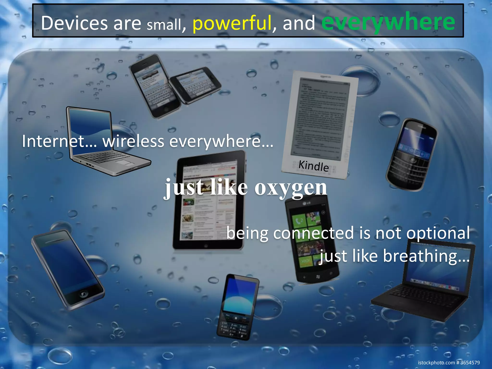 Devices are small, powerful, and everywhereInternet… wireless everywhere… just like oxygenbeing connected is not optionaljust like breathing…Kindleistockphoto.com # 3654579