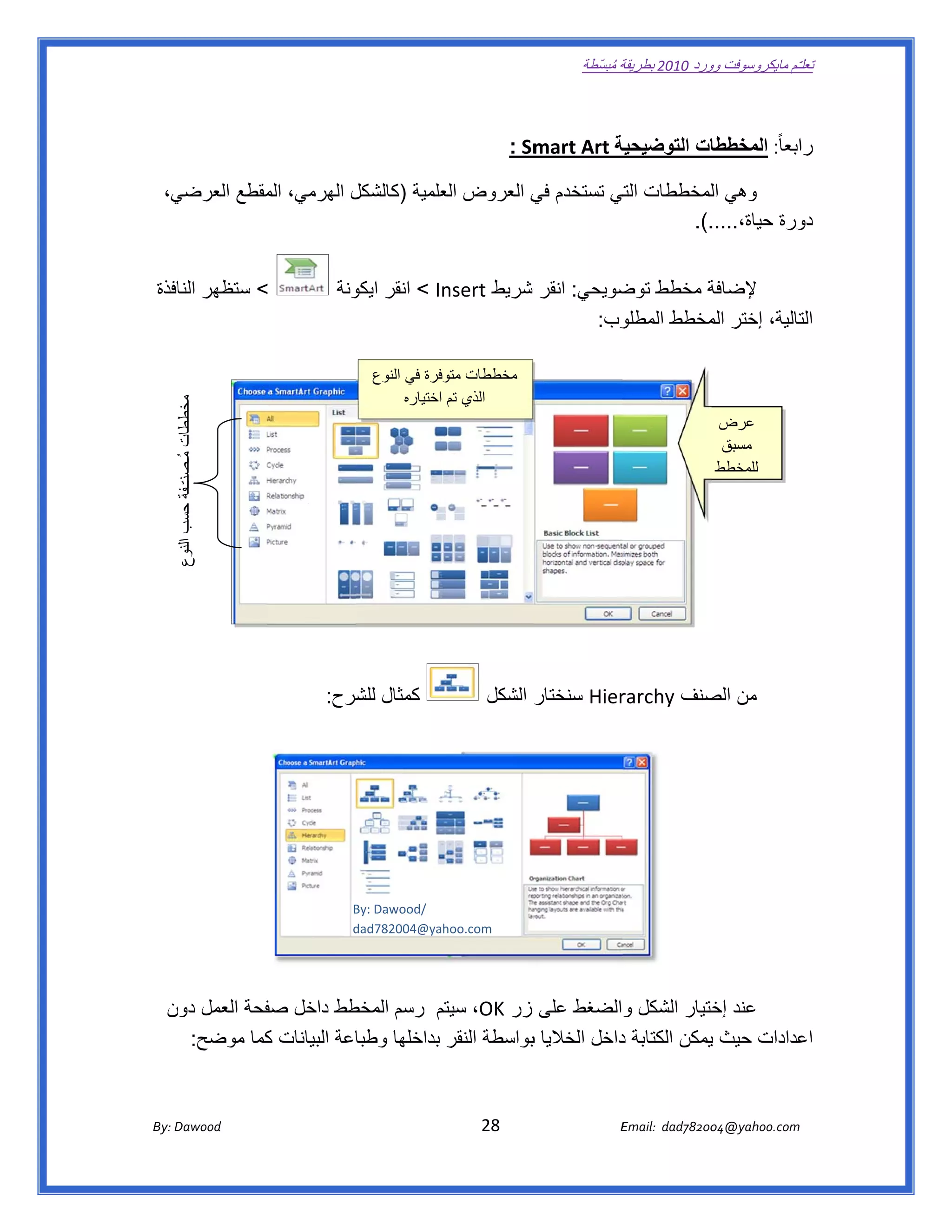 ‫ تعللـّم مايكروسوفت ورد 0102 بطريقة ُ‬
                                                                                                       ‫ة مبسّطة‬             ‫وو‬

‫ ‬

                                                                                      ‫‪: Sm‬‬
                                                                                         ‫ة ‪mart Art‬‬          ‫ابعا ً: المخططا‬
                                                                                                  ‫ات التوضيحية‬             ‫را‬

      ‫ي،‬
       ‫وھي لمخططات تي تستخدم ي العروض علمية )كالشكل الھرمي، مقطع العرضي‬
                 ‫الم‬       ‫ل‬           ‫الع‬      ‫في‬       ‫التي‬     ‫ال‬
                                                                ‫.(.‬
                                                                  ‫ورة حياة،.....‬
                                                                               ‫دو‬


    ‫< ستظھر افذة‬
       ‫النا‬                                   ‫‪ < In‬انقر ونة‬
                                                ‫ايكو‬      ‫ة مخطط ضويحي: انقر شريط ‪nsert‬‬
                                                                               ‫توض‬       ‫إلضافة‬
                                                                             ‫وب:‬
                                                                               ‫تالية، إختر مخطط المطلو‬
                                                                                         ‫الم‬         ‫الت‬

                                                      ‫مخططات وفرة في النوع‬
                                                                   ‫متو‬
                                                            ‫الذي تم اختياره‬
         ‫مخططات مُـصنـّـفة حسب النوع‬
                                ‫طط‬




                                                                                                                                     ‫عرض‬
                                                                                                                                      ‫مسبق‬
                            ‫ُ‬




                                                                                                                                     ‫للمخطط‬




                                           ‫كمثال شرح:‬
                                              ‫للش‬                                ‫ر الشكل‬
                                                                                       ‫‪ Hier‬سنختار‬
                                                                                                 ‫من صنف ‪rarchy‬‬
                                                                                                          ‫الص‬




                                                  ‫ /‪By: Dawood‬‬
                                                  ‫‪B‬‬
                                                  ‫‪dad782004@yah‬‬
                                                  ‫‪d‬‬            ‫ ‪hoo.com‬‬




       ‫طط داخل فحة العمل دون‬
       ‫ن‬           ‫صف‬        ‫عند ختيار الشكل والضغط على زر ‪ ،OK‬تم رسم المخط‬
                                           ‫سيت‬                      ‫و‬            ‫إخ‬
         ‫اعة البيانات كما موضح:‬
                   ‫ك‬          ‫عدادات حيث يمكن الكتابة داخل الخاليا بواسطة النقر بداخلھا وطبا‬
                                                      ‫ب‬            ‫د‬            ‫ي‬          ‫اع‬


       ‫‪ Dawood                                                                          28                                   E‬‬
    ‫‪By: D‬‬                                                                                                                    ‫00287‪Email:  dad‬‬
                                                                                                                                            ‫  ‪04@yahoo.com‬‬
 