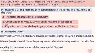 Hatch and Brown (1995: 372) describe five 'essential steps' in vocabulary
learning based on research into learners' strategies:
30
(4) making a strong memory connection between the forms and meanings of
the words:
a. Thematic organization of vocabulary
(Cameron, 2001)
b. Organization of vocabulary through relations of wholes to
parts
c. Organization of vocabulary in general to specific hierarchies
(5) Using the words:
New vocabulary must be regularly recycled/revised for learner to learn it and remember it.
Schmitt (2008) claimed “most forgetting occurs after the learning sessions… so the first
recycling [is] important and need[s] to occur quickly” (p. 343)
 