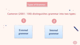 Cameron (2001: 100) distinguishes grammar into two types:
External
grammar
Internal
grammar
Types of Grammar:
34
 