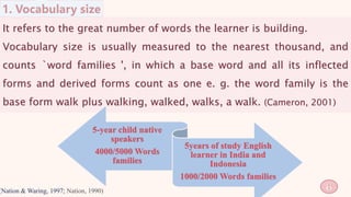 It refers to the great number of words the learner is building.
Vocabulary size is usually measured to the nearest thousand, and
counts `word families ', in which a base word and all its inflected
forms and derived forms count as one e. g. the word family is the
base form walk plus walking, walked, walks, a walk. (Cameron, 2001)
(Nation & Waring, 1997; Nation, 1990) 6
5-year child native
speakers
4000/5000 Words
families
5years of study English
learner in India and
Indonesia
1000/2000 Words families
 
