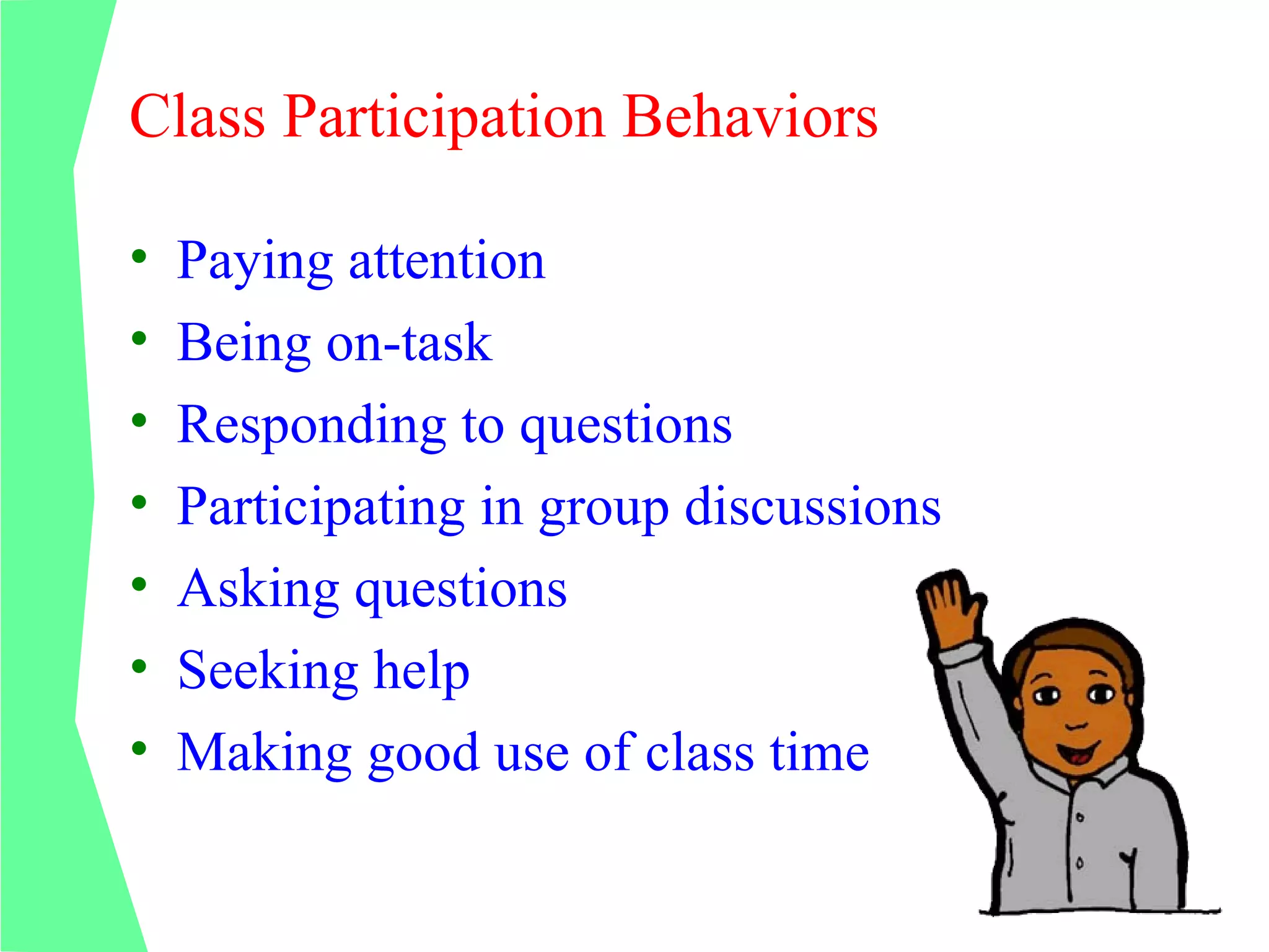 Class Participation Behaviors

•   Paying attention
•   Being on-task
•   Responding to questions
•   Participating in group discussions
•   Asking questions
•   Seeking help
•   Making good use of class time
 