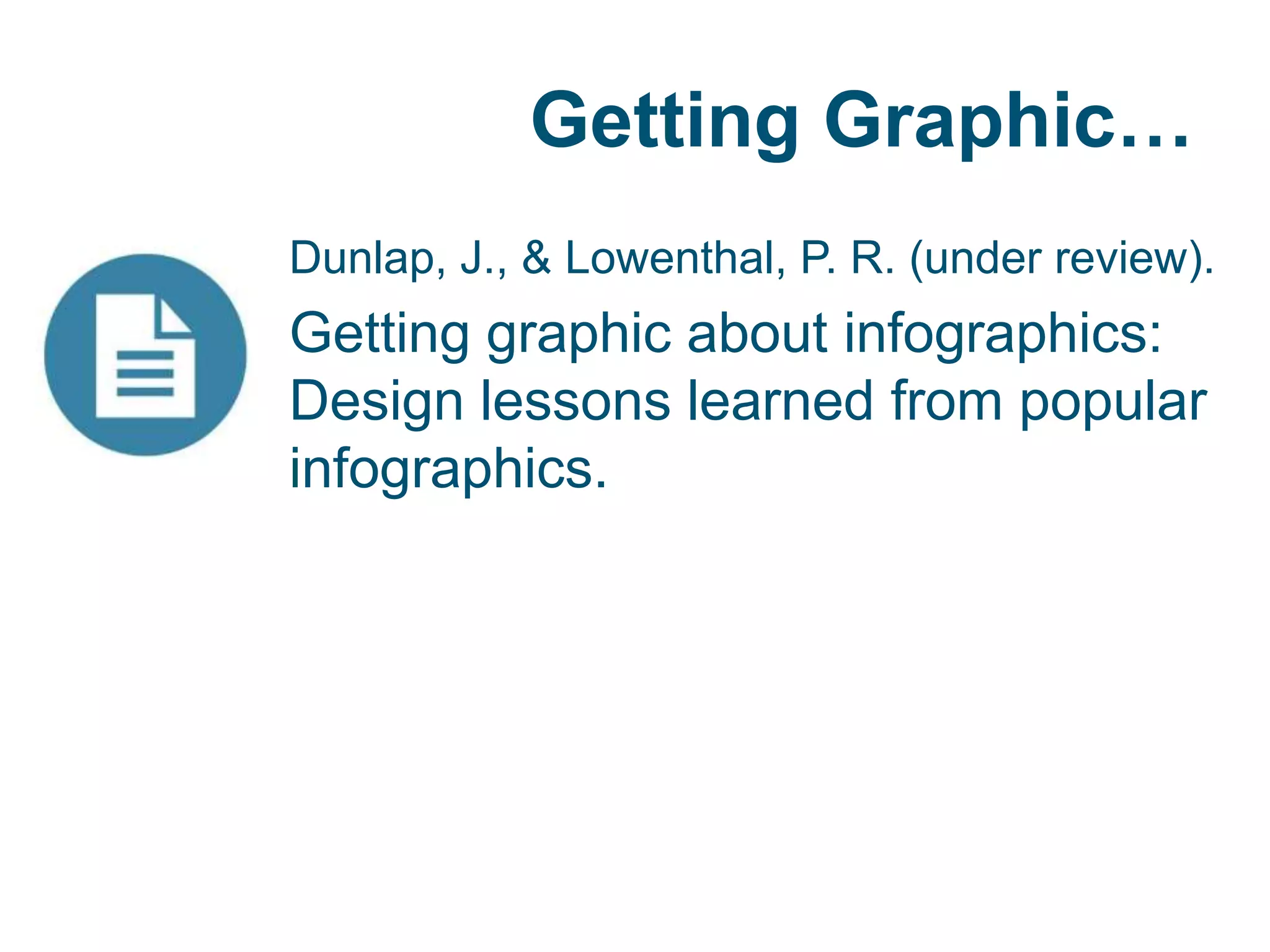 Getting Graphic…
Dunlap, J., & Lowenthal, P. R. (under review).
Getting graphic about infographics:
Design lessons learned from popular
infographics.
 