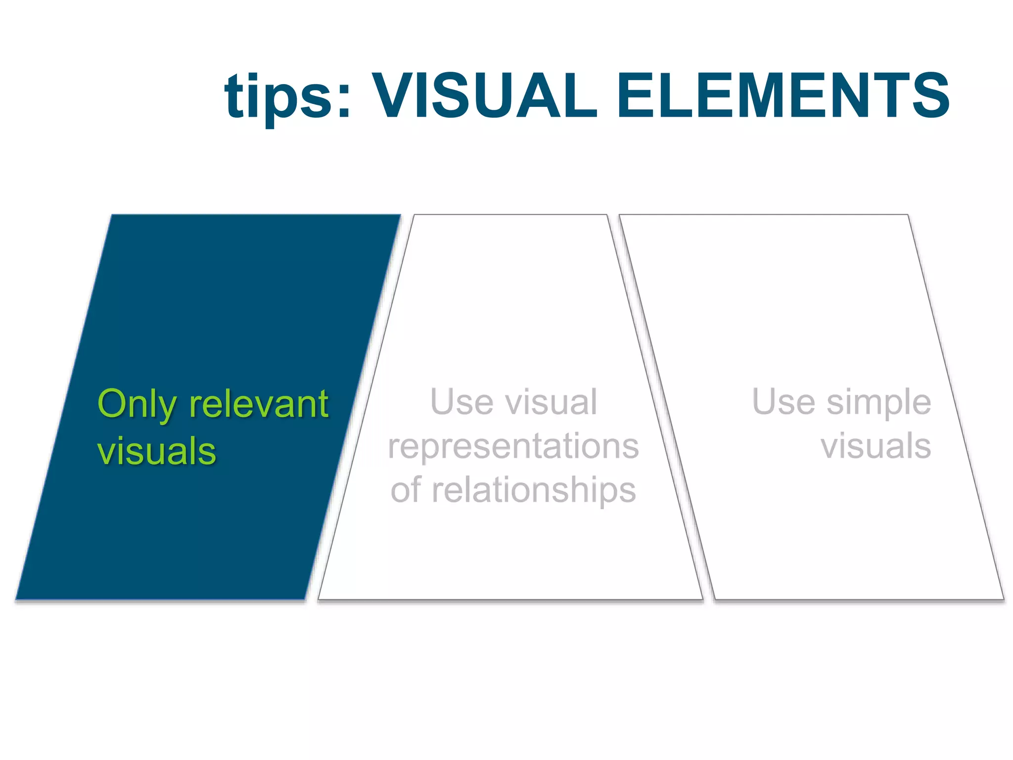 tips: VISUAL ELEMENTS
Only relevant
visuals
Use visual
representations
of relationships
Use simple
visuals
 