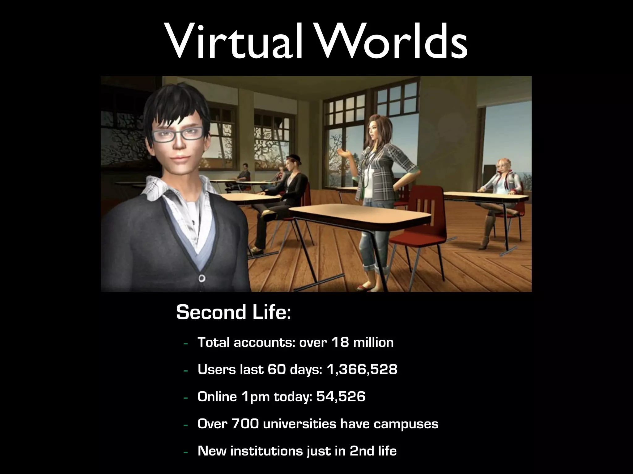 Virtual Worlds




Second Life:
-   Total accounts: over 18 million
-   Users last 60 days: 1,366,528
-   Online 1pm today: 54,526
-   Over 700 universities have campuses
-   New institutions just in 2nd life
 