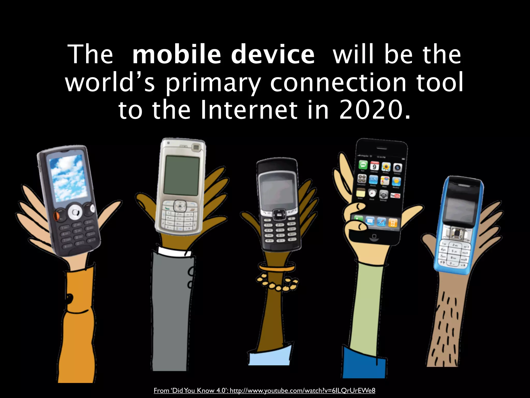 The mobile device will be the
world’s primary connection tool
    to the Internet in 2020.




      From ‘Did You Know 4.0’: http://www.youtube.com/watch?v=6ILQrUrEWe8
 
