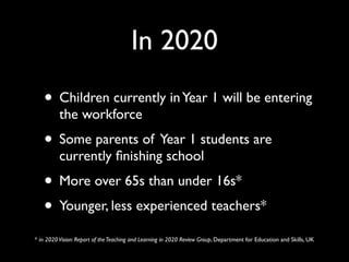 In 2020
   • Children currently in Year 1 will be entering
          the workforce
   • Some parents of Year 1 students are
          currently ﬁnishing school
   • More over 65s than under 16s*
   • Younger, less experienced teachers*
* in 2020 Vision: Report of the Teaching and Learning in 2020 Review Group, Department for Education and Skills, UK
 