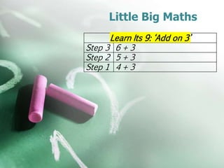 Little Big Maths
Learn Its 9: ‘Add on 3’
Step 3 6 + 3
Step 2 5 + 3
Step 1 4 + 3
 