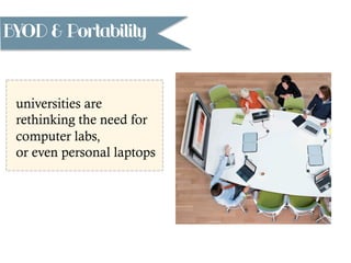BYOD  Portability
universities are
rethinking the need for
computer labs,
or even personal laptops
 