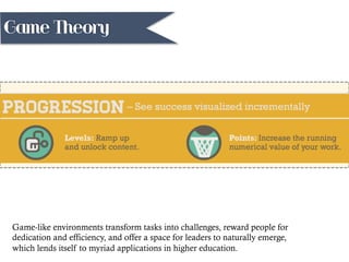 Game-like environments transform tasks into challenges, reward people for
dedication and efficiency, and offer a space for leaders to naturally emerge,
which lends itself to myriad applications in higher education.
Game Theory
 