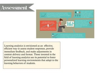 Assessment
Learning analytics is envisioned as an effective,
efficient way to assess student responses, provide
immediate feedback, and make adjustments in
content delivery and format. Those invested in the
field of learning analytics see its potential to foster
personalized learning environments that adapt to the
learning behaviors of students.
 