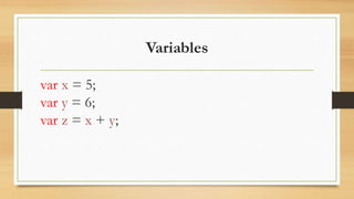 Variables
var x = 5;
var y = 6;
var z = x + y;
 