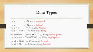 Data Types
var x; // Now x is undefined
var x; // Now x is defined
var x = 5; // Now x is a Number
var x = "John"; // Now x is a String
var carName = "Volvo XC60"; // Using double quotes
var carName = 'Volvo XC60'; // Using single quotes
var x1 = 34.00; // Written with decimals
var x2 = 34; // Written without decimals
 