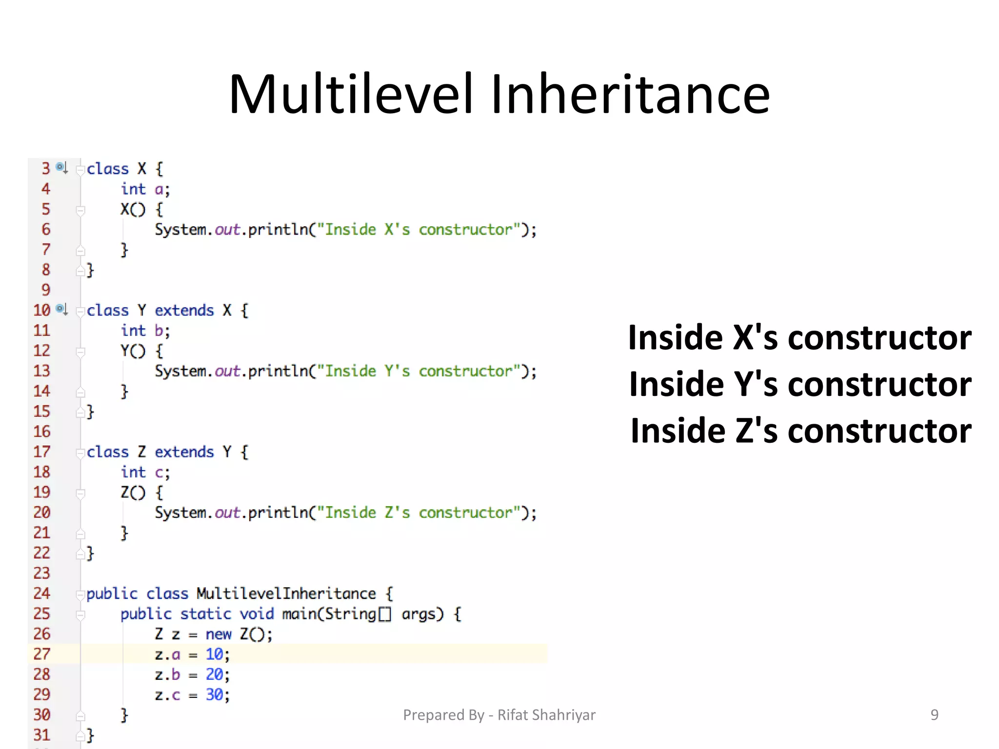 Multilevel Inheritance
9
Inside X's constructor
Inside Y's constructor
Inside Z's constructor
Prepared By - Rifat Shahriyar
 