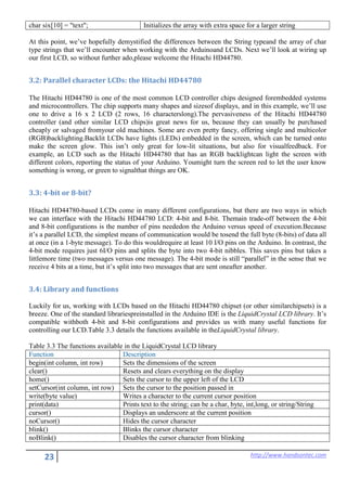 23 http://www.handsontec.com
char six[10] = "text"; Initializes the array with extra space for a larger string
At this point, we’ve hopefully demystified the differences between the String typeand the array of char
type strings that we’ll encounter when working with the Arduinoand LCDs. Next we’ll look at wiring up
our first LCD, so without further ado,please welcome the Hitachi HD44780.
3.2: Parallel character LCDs: the Hitachi HD44780
The Hitachi HD44780 is one of the most common LCD controller chips designed forembedded systems
and microcontrollers. The chip supports many shapes and sizesof displays, and in this example, we’ll use
one to drive a 16 x 2 LCD (2 rows, 16 characterslong).The pervasiveness of the Hitachi HD44780
controller (and other similar LCD chips)is great news for us, because they can usually be purchased
cheaply or salvaged fromyour old machines. Some are even pretty fancy, offering single and multicolor
(RGB)backlighting.Backlit LCDs have lights (LEDs) embedded in the screen, which can be turned onto
make the screen glow. This isn’t only great for low-lit situations, but also for visualfeedback. For
example, an LCD such as the Hitachi HD44780 that has an RGB backlightcan light the screen with
different colors, reporting the status of your Arduino. Youmight turn the screen red to let the user know
something is wrong, or green to signalthat things are OK.
3.3: 4-bit or 8-bit?
Hitachi HD44780-based LCDs come in many different configurations, but there are two ways in which
we can interface with the Hitachi HD44780 LCD: 4-bit and 8-bit. Themain trade-off between the 4-bit
and 8-bit configurations is the number of pins neededon the Arduino versus speed of execution.Because
it’s a parallel LCD, the simplest means of communication would be tosend the full byte (8-bits) of data all
at once (in a 1-byte message). To do this wouldrequire at least 10 I/O pins on the Arduino. In contrast, the
4-bit mode requires just 6I/O pins and splits the byte into two 4-bit nibbles. This saves pins but takes a
littlemore time (two messages versus one message). The 4-bit mode is still “parallel” in the sense that we
receive 4 bits at a time, but it’s split into two messages that are sent oneafter another.
3.4: Library and functions
Luckily for us, working with LCDs based on the Hitachi HD44780 chipset (or other similarchipsets) is a
breeze. One of the standard librariespreinstalled in the Arduino IDE is the LiquidCrystal LCD library. It’s
compatible withboth 4-bit and 8-bit configurations and provides us with many useful functions for
controlling our LCD.Table 3.3 details the functions available in theLiquidCrystal library.
Table 3.3 The functions available in the LiquidCrystal LCD library
Function Description
begin(int column, int row) Sets the dimensions of the screen
clear() Resets and clears everything on the display
home() Sets the cursor to the upper left of the LCD
setCursor(int column, int row) Sets the cursor to the position passed in
write(byte value) Writes a character to the current cursor position
print(data) Prints text to the string; can be a char, byte, int,long, or string/String
cursor() Displays an underscore at the current position
noCursor() Hides the cursor character
blink() Blinks the cursor character
noBlink() Disables the cursor character from blinking
 