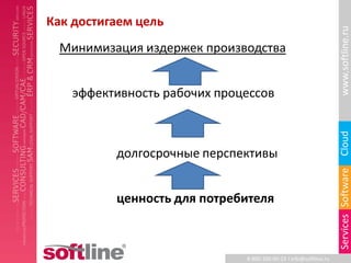 Как достигаем цель




                                                                  www.softline.ru
  Минимизация издержек производства


   эффективность рабочих процессов




                                                                  Cloud
          долгосрочные перспективы




                                                                  Services Software
          ценность для потребителя



                             8-800-100-00-23 l info@softline.ru
 