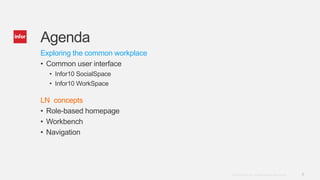 3Copyright © 2013. Infor. All Rights Reserved. www.infor.com
Agenda
Exploring the common workplace
• Common user interface
• Infor10 SocialSpace
• Infor10 WorkSpace
LN concepts
• Role-based homepage
• Workbench
• Navigation
 