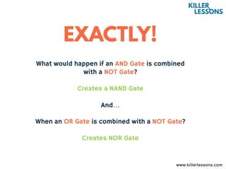 www.killerlessons.com
What would happen if an AND Gate is combined
with a NOT Gate?
Creates a NAND Gate
And…
When an OR Gate is combined with a NOT Gate?
Creates NOR Gate
 