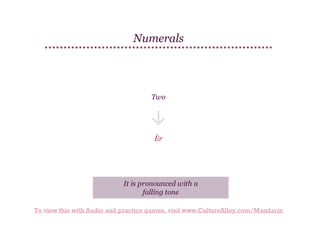 Numerals

Two

Èr

It is pronounced with a
falling tone
To view this with Audio and practice games, visit www.CultureAlley.com/Mandarin

 