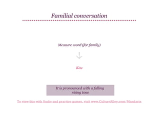 Familial conversation

Measure word (for family)

Kǒu

It is pronounced with a falling
rising tone
To view this with Audio and practice games, visit www.CultureAlley.com/Mandarin

 