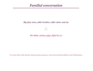 Familial conversation

My dad, mom, elder brother, elder sister and me

Wǒ bàba, māma, gēge, jiějie hé wǒ

To view this with Audio and practice games, visit www.CultureAlley.com/Mandarin

 