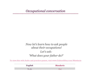 Occupational conversation

To view this with Audio and practice games, visit www.CultureAlley.com/Mandarin

 