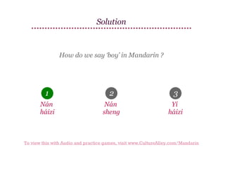 Solution

How do we say ‘boy’ in Mandarin ?

1

2

3

Nán
háizi

Nán
sheng

Yí
háizi

To view this with Audio and practice games, visit www.CultureAlley.com/Mandarin

 