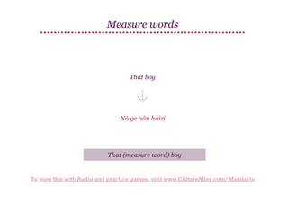 Measure words

That boy

Nà ge nán háizi

That (measure word) boy

To view this with Audio and practice games, visit www.CultureAlley.com/Mandarin

 
