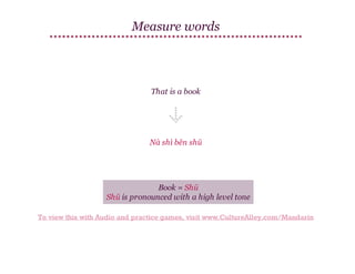 Measure words

That is a book

Nà shì běn shū

Book = Shū
Shū is pronounced with a high level tone
To view this with Audio and practice games, visit www.CultureAlley.com/Mandarin

 