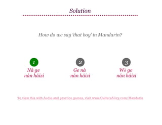 Solution

How do we say ‘that boy’ in Mandarin?

1

2

3

Nà ge
nán háizi

Ge nà
nán háizi

Wǒ ge
nán háizi

To view this with Audio and practice games, visit www.CultureAlley.com/Mandarin

 