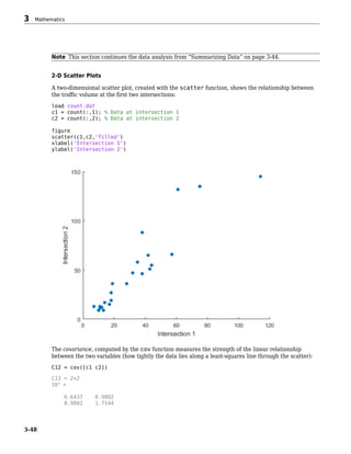 Note This section continues the data analysis from “Summarizing Data” on page 3-44.
2-D Scatter Plots
A two-dimensional scatter plot, created with the scatter function, shows the relationship between
the traffic volume at the first two intersections:
load count.dat
c1 = count(:,1); % Data at intersection 1
c2 = count(:,2); % Data at intersection 2
figure
scatter(c1,c2,'filled')
xlabel('Intersection 1')
ylabel('Intersection 2')
The covariance, computed by the cov function measures the strength of the linear relationship
between the two variables (how tightly the data lies along a least-squares line through the scatter):
C12 = cov([c1 c2])
C12 = 2×2
103
×
0.6437 0.9802
0.9802 1.7144
3 Mathematics
3-48
 