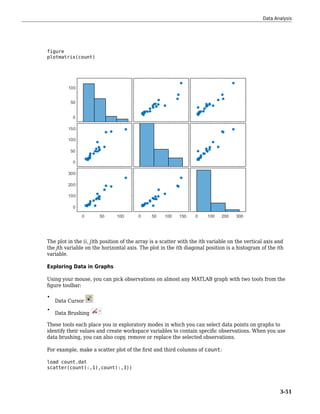 figure
plotmatrix(count)
The plot in the (i, j)th position of the array is a scatter with the ith variable on the vertical axis and
the jth variable on the horizontal axis. The plot in the ith diagonal position is a histogram of the ith
variable.
Exploring Data in Graphs
Using your mouse, you can pick observations on almost any MATLAB graph with two tools from the
figure toolbar:
•
Data Cursor
•
Data Brushing
These tools each place you in exploratory modes in which you can select data points on graphs to
identify their values and create workspace variables to contain specific observations. When you use
data brushing, you can also copy, remove or replace the selected observations.
For example, make a scatter plot of the first and third columns of count:
load count.dat
scatter(count(:,1),count(:,3))
Data Analysis
3-51
 