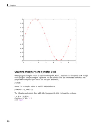 Graphing Imaginary and Complex Data
When you pass complex values as arguments to plot, MATLAB ignores the imaginary part, except
when you pass a single complex argument. For this special case, the command is a shortcut for a
graph of the imaginary part versus the real part. Therefore,
plot(Z)
where Z is a complex vector or matrix, is equivalent to
plot(real(Z),imag(Z))
The following statements draw a 20-sided polygon with little circles at the vertices.
t = 0:pi/10:2*pi;
plot(exp(1i*t),'-o')
axis equal
4 Graphics
4-8
 