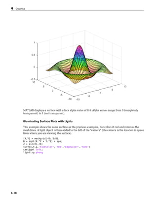 MATLAB displays a surface with a face alpha value of 0.4. Alpha values range from 0 (completely
transparent) to 1 (not transparent).
Illuminating Surface Plots with Lights
This example shows the same surface as the previous examples, but colors it red and removes the
mesh lines. A light object is then added to the left of the "camera" (the camera is the location in space
from where you are viewing the surface).
[X,Y] = meshgrid(-8:.5:8);
R = sqrt(X.^2 + Y.^2) + eps;
Z = sin(R)./R;
surf(X,Y,Z,'FaceColor','red','EdgeColor','none')
camlight left;
lighting phong
4 Graphics
4-18
 