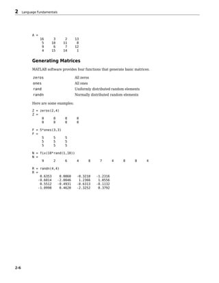 A =
16 3 2 13
5 10 11 8
9 6 7 12
4 15 14 1
Generating Matrices
MATLAB software provides four functions that generate basic matrices.
zeros All zeros
ones All ones
rand Uniformly distributed random elements
randn Normally distributed random elements
Here are some examples:
Z = zeros(2,4)
Z =
0 0 0 0
0 0 0 0
F = 5*ones(3,3)
F =
5 5 5
5 5 5
5 5 5
N = fix(10*rand(1,10))
N =
9 2 6 4 8 7 4 0 8 4
R = randn(4,4)
R =
0.6353 0.0860 -0.3210 -1.2316
-0.6014 -2.0046 1.2366 1.0556
0.5512 -0.4931 -0.6313 -0.1132
-1.0998 0.4620 -2.3252 0.3792
2 Language Fundamentals
2-6
 