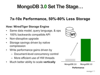 15
MongoDB 3.0 Set The Stage…
7x-10x Performance, 50%-80% Less Storage
How: WiredTiger Storage Engine
• Same data model, query language, & ops
• 100% backwards compatible API
• Non-disruptive upgrade
• Storage savings driven by native
compression
• Write performance gains driven by
– Document-level concurrency control
– More efficient use of HW threads
• Much better ability to scale vertically
MongoDB 3.0MongoDB 2.6
Performance
 