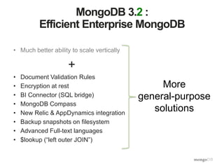 16
MongoDB 3.2 :
Efficient Enterprise MongoDB
• Much better ability to scale vertically
+
• Document Validation Rules
• Encryption at rest
• BI Connector (SQL bridge)
• MongoDB Compass
• New Relic & AppDynamics integration
• Backup snapshots on filesystem
• Advanced Full-text languages
• $lookup (“left outer JOIN”)
More
general-purpose
solutions
 