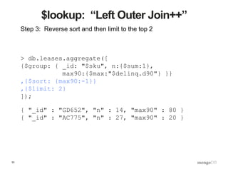 33
$lookup: “Left Outer Join++”
Step 3: Reverse sort and then limit to the top 2
> db.leases.aggregate([
{$group: { _id: "$sku", n:{$sum:1},
max90:{$max:"$delinq.d90"} }}
,{$sort: {max90:-1}}
,{$limit: 2}
]);
{ "_id" : "GD652", "n" : 14, "max90" : 80 }
{ "_id" : "AC775", "n" : 27, "max90" : 20 }
 