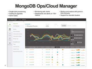 37
• Single-click provisioning
• Scaling & upgrades
• Admin tasks
• Monitoring with charts
• Dashboards and alerts on 100+
metrics
• Backup and restore with point-in-
time recovery
• Support for sharded clusters
MongoDB Ops/Cloud Manager
 