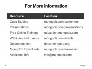 44
For More Information
Resource Location
Case Studies mongodb.com/customers
Presentations mongodb.com/presentations
Free Online Training education.mongodb.com
Webinars and Events mongodb.com/events
Documentation docs.mongodb.org
MongoDB Downloads mongodb.com/download
Additional Info info@mongodb.com
 