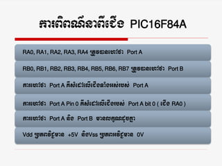 karBiBN’naBIeCIg PIC16F84A
RA0, RA1, RA2, RA3, RA4       RtUv)anehAfa      Port A

RB0, RB1, RB2, RB3, RB4, RB5, RB6, RB7           RtUv)anehAfa       Port B

karehAfa   Port A   KWsMedAelIeCIgTaMgGs;rbs;     Port A


karehAfa   Port A Pin 0    KWsMedAelIeCIgrbs;   Port A bit 0 (   eCIg RA0 )
karehAfa   Port A   nig   Port B   manlkçNdUcKña
Vdd   RbPBviC¢man   +5V    nigVss RbPBGviC¢man      0V
 